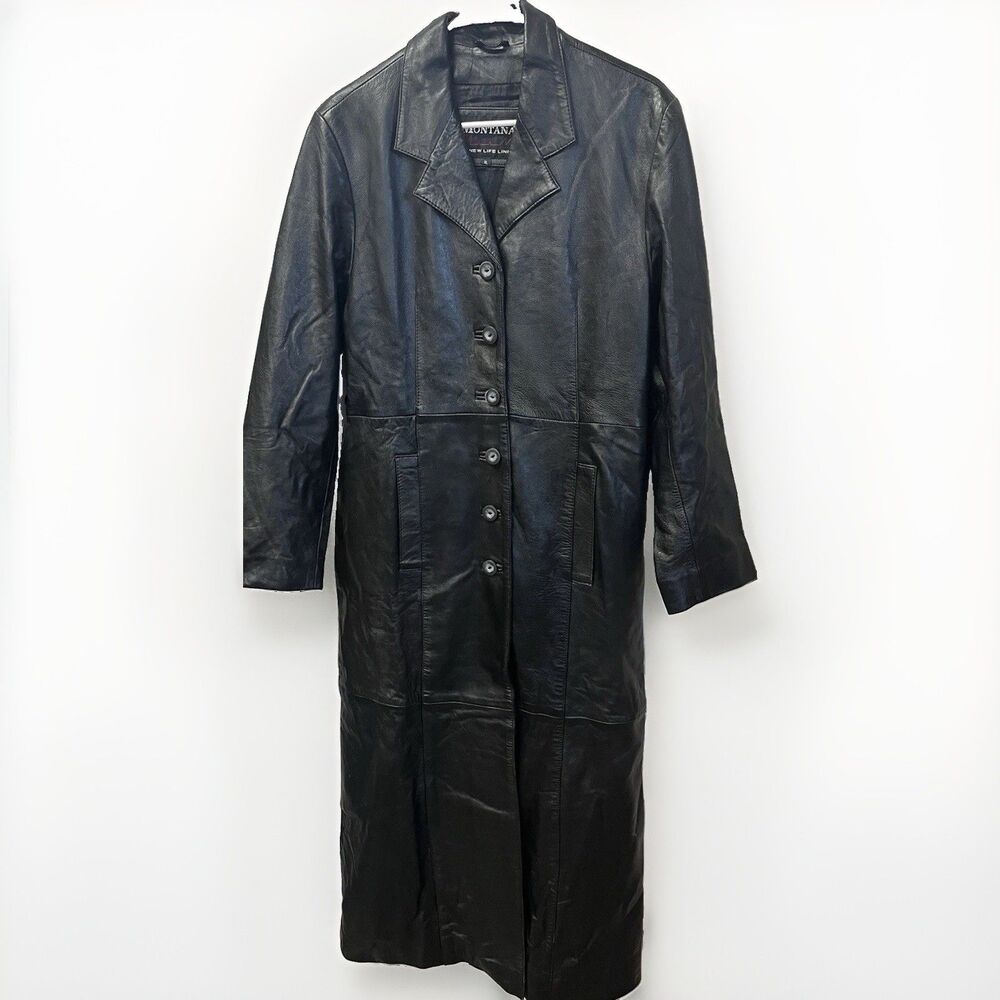 Montana A New Life Line Leather Long Trench Coat Women’s XL Black Vintage